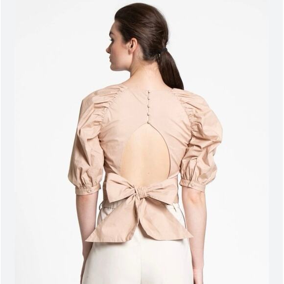Do + Be Puff Sleeve Bow Back Poplin Top Beige Neutral Blouse Size Small EUC - Picture 1 of 7